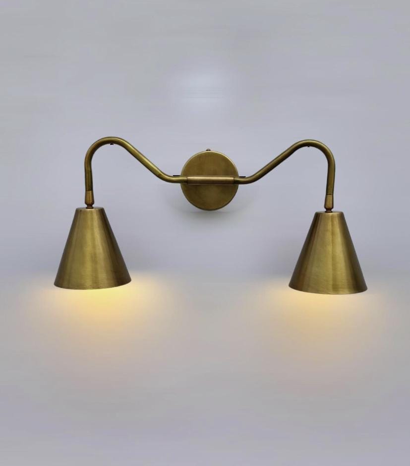 Handcrafted Brass Double Wall Sconce – Vintage Farmhouse Vanity Light Fixture, Industrial Bathroom Lamp