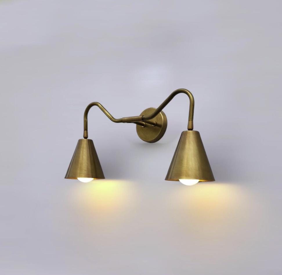 Handcrafted Brass Double Wall Sconce – Vintage Farmhouse Vanity Light Fixture, Industrial Bathroom Lamp