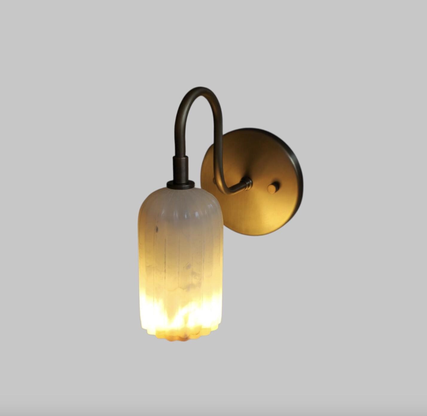 Hand-Carved Alabaster Wall Sconce – Solid Brass Accent Light, Luxury Stone Wall Lamp