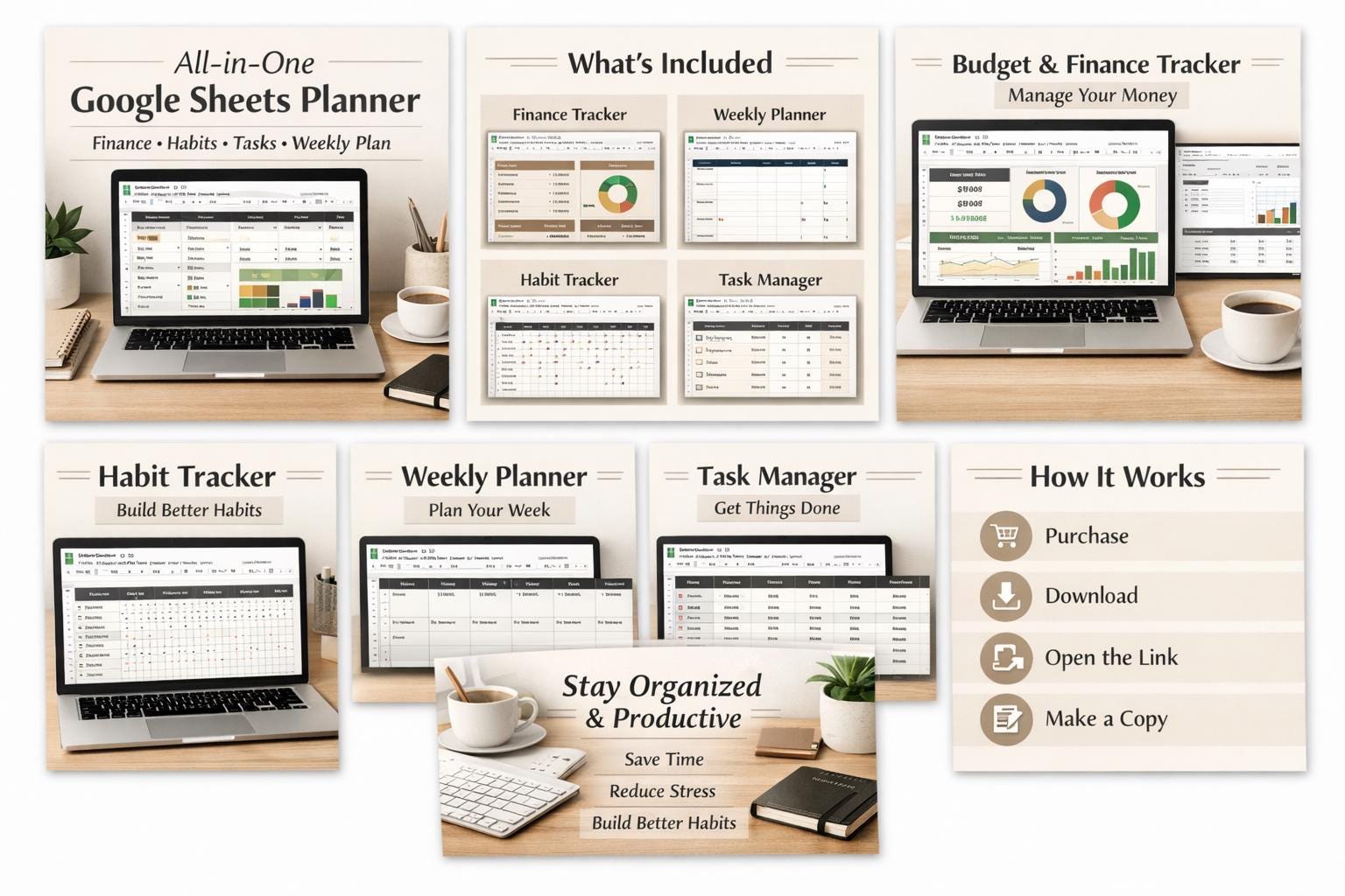 Google Sheets Planner Bundle | Budget, Habit, Weekly & Task Templates
