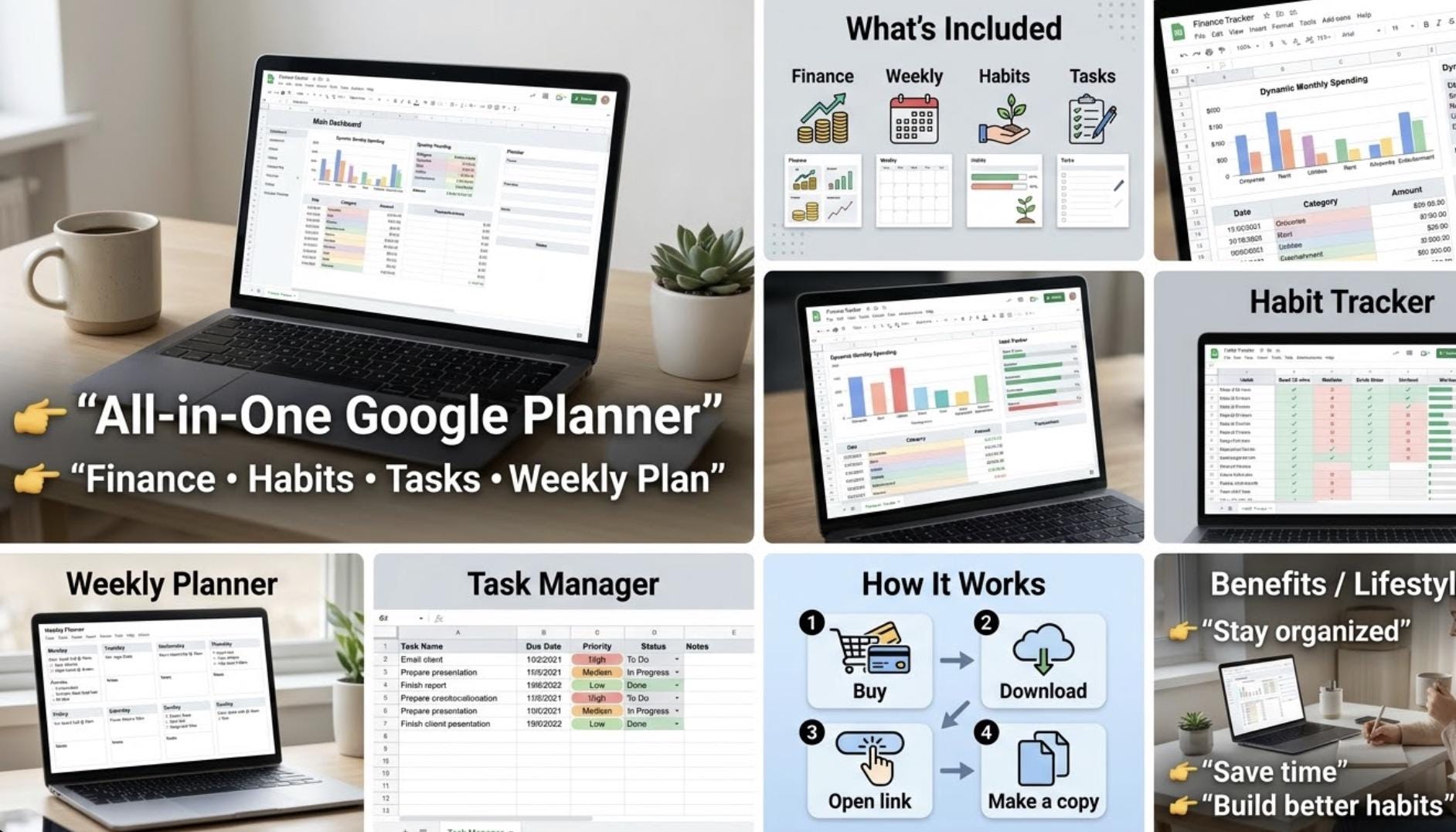Google Sheets Planner Bundle | Budget, Habit, Weekly & Task Templates