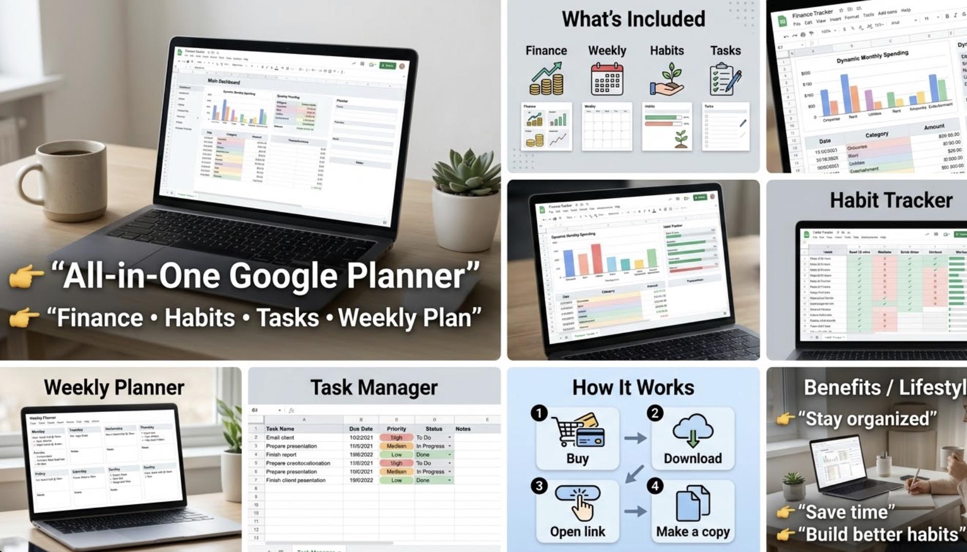 Google Sheets Planner Bundle | Budget, Habit, Weekly & Task Templates
