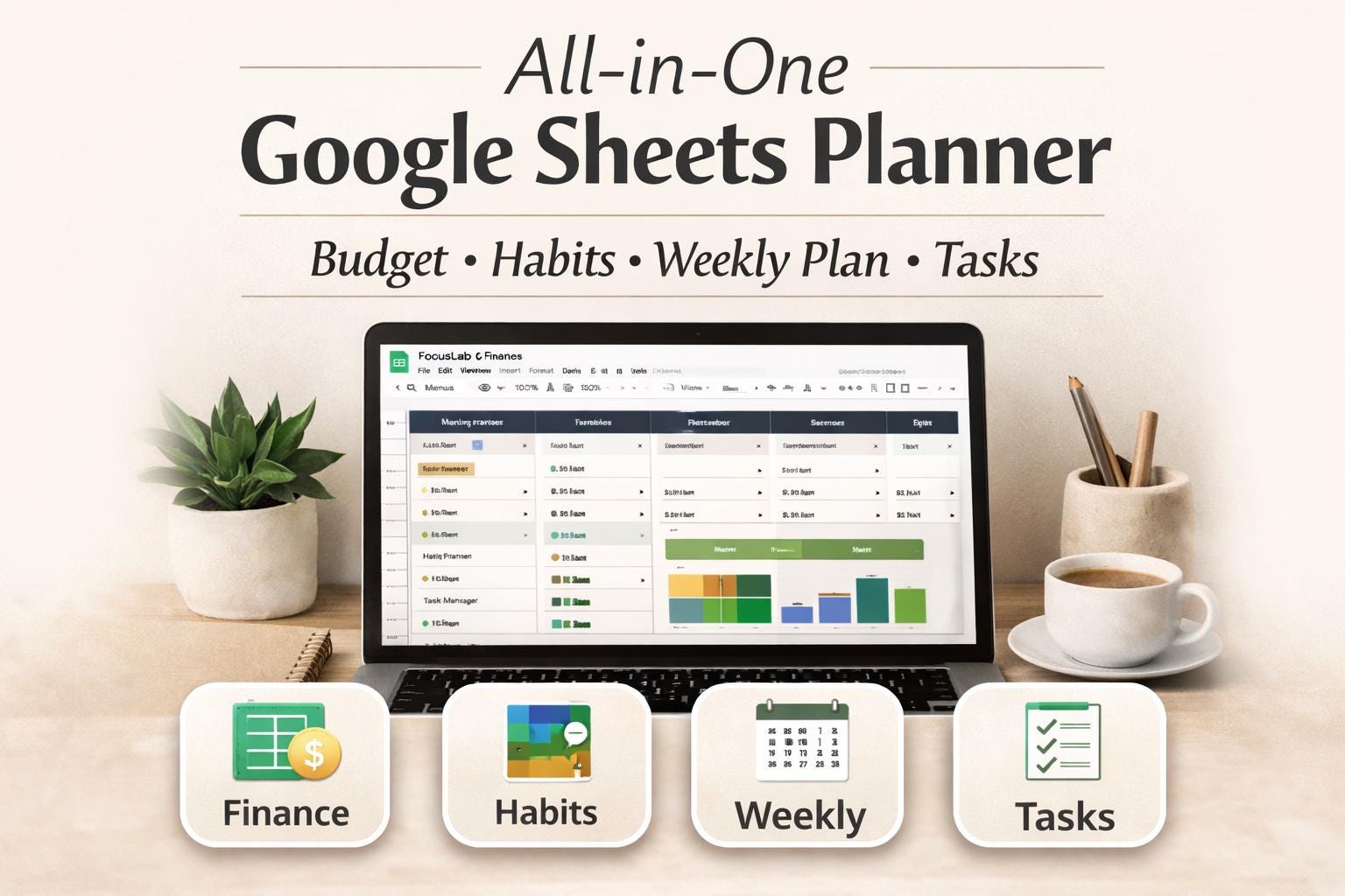 Google Sheets Planner Bundle | Budget, Habit, Weekly & Task Templates