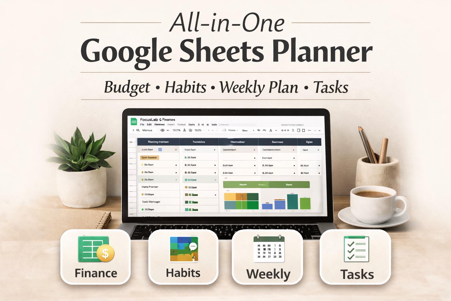 Google Sheets Planner Bundle | Budget, Habit, Weekly & Task Templates